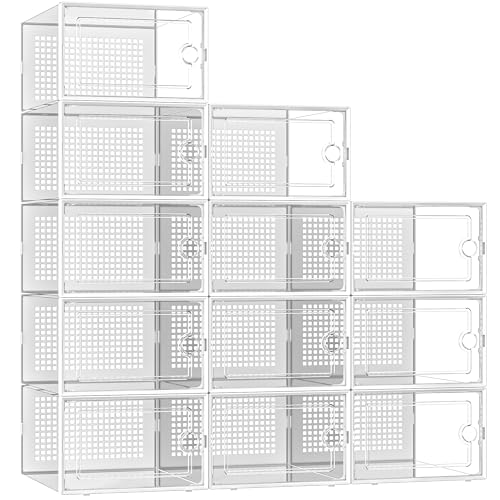 Kuject Large Shoe Organizers Storage Boxes for Closet 12 Pack, Clear Plastic Stackable Shoe Containers Bins with Lids, Under Bed Shoe Storage for Entryway, Drop Front, Fit up to Women's Size 12, White - Large - White
