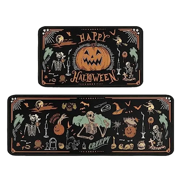 Vintage Halloween Kitchen Rugs and Mats Set of 2,Scary Halloween Pumpkin Skeleton Ghost Floor Mats,Non-Slip Washable Anti-Fatigue Kitchen Floor Mats for Kitchen Halloween Decor 17x30+17x47In