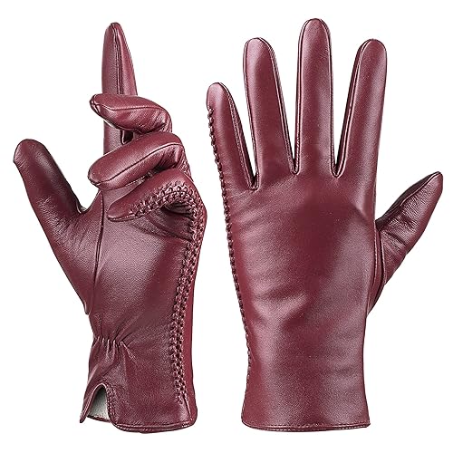 QNLYCZY Genuine Sheepskin Leather Gloves For Women, Winter Warm Cashmere Lining Touchscreen Texting Driving Motorcycle Dress Gloves - L - Red