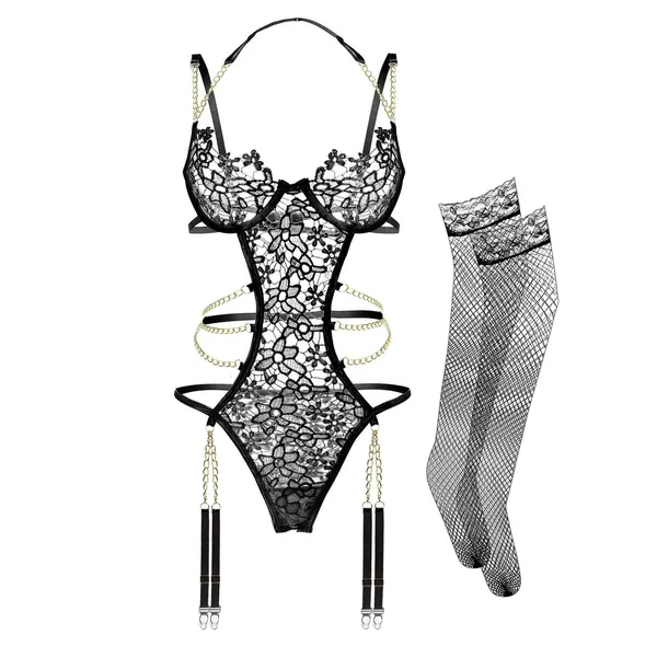 Women Lingerie Set Floral Lace Teddy Strap Chain Babydoll Bodysuit Bra and Panty Set with Garter Belts