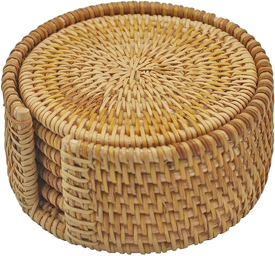 Coasters Set of 6 Rattan Coaster with Holder Coasters for Drinks 6 Pieces of Drink Coasters Handmade Rattan Drink Coaster for Wine, Glass, Tea Home Decor Hostess Gifts Ideas, Birthday, Holiday