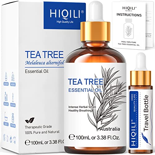 HIQILI Tea Tree Essential Oil (100 ML),100% Pure Organic Therapeutic Grade for Toenail Fungus,Hair Damage,Skin Problems,Add to Shampoo,Body Wash, Rythparfum - 3.38 Fl. Oz - Tea Tree