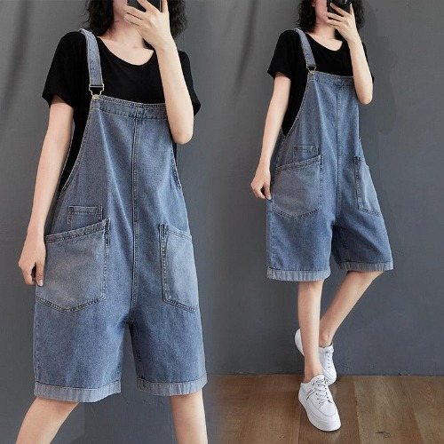 Loose Denim Overall Rompers - M