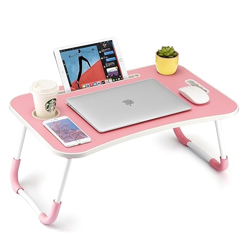 FISYOD Foldable Laptop Table, Portable Lap Desk Bed Table Tray, Laptop Stand with Cup Holder & Tablet Slot & Lifting Handle for Working Writing Drawing & Eating (Pink) - Pink