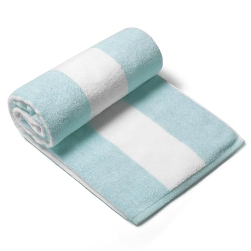 CLOWOOD Plush Oversized Beach Towel - Cotton 40 x 72 Inch Large Thick Aqua Striped Cabana Pool Swimming Towel - Aqua