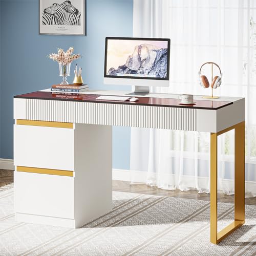 Tribesigns Computer Desk with 4 Drawers, 47 Inch Modern Home Office Desk with Glass Top, White and Gold Writing Workstation Desk with Storage, Makeup Vanity Table for Living Room, Bedroom