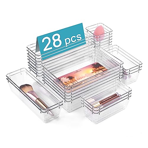 Vtopmart 28 PCS Clear Plastic Drawer Organizers Set, 4-Size Bathroom and Vanity Drawer Organizer Trays, Acrylic Storage Bins for Makeup, Cosmetic, Kitchen Utensils, Tool Organizer for Gadgets - 28 - Multi-size