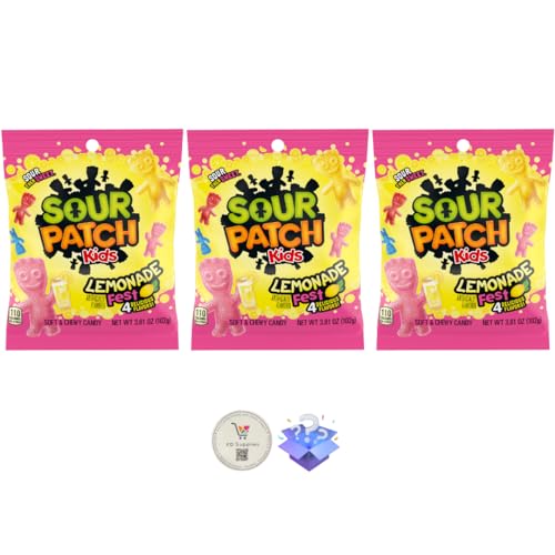 Sour Patch Kids Peg Bags (Pack of 3) Soft and Chewy Candy with Bonus Nostalgic Mystery Gift (3.6 oz, Lemonade Fest) - Lemonade Fest - 3.6 oz