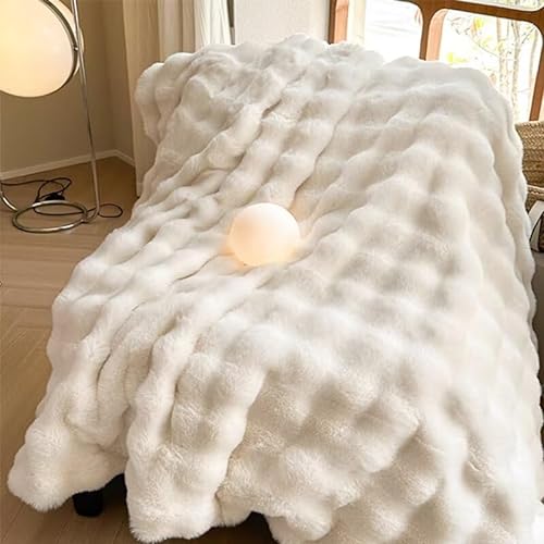 Lotus Karen Faux Fur Throw Blanket Cream White - 800 GSM Bubble Rabbit Fluff Blanket for Couch Bed Sofa,Softest Fluffy Fuzzy Cozy Blanket,Thick Furry Plush Shaggy Warm Blankets for Women,60x80 Inches - Cream White - Twin (60" x 80")