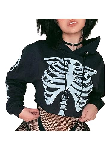 farrubbyine8 Women Wide Sleeve Crop Sweatshirt Dragon Top Loose Fit Casual Sports Gym Pullover Crop Top - C Skeleton - Large