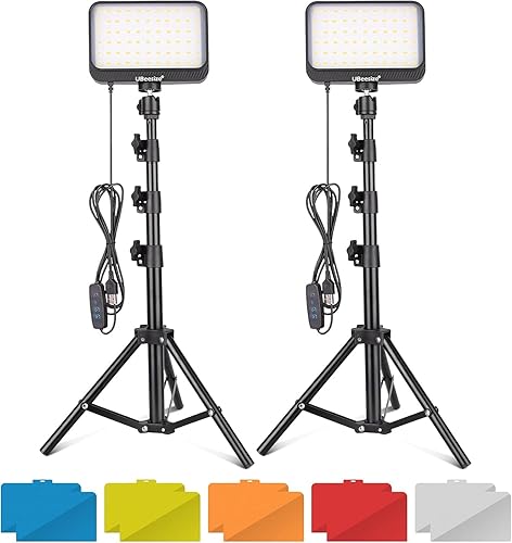 UBeesize LED Video Light Kit, 2Pcs Dimmable Continuous Portable Photography Lighting with Adjustable Tripod Stand & 5 Color Filters for Tabletop/Low-Angle Shooting, for Zoom, Game Streaming, YouTube - 10 Color Filters