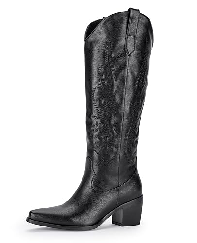 Pasuot Western Cowboy Boots for Women - Knee High Wide Calf Cowgirl Boots with Classic Embroidered, Slip On Pointed Toe Chunky Heel Fashion Retro Classic Pull On Tall Boot for Girls Ladies Fall Winter - 5.5 - Black