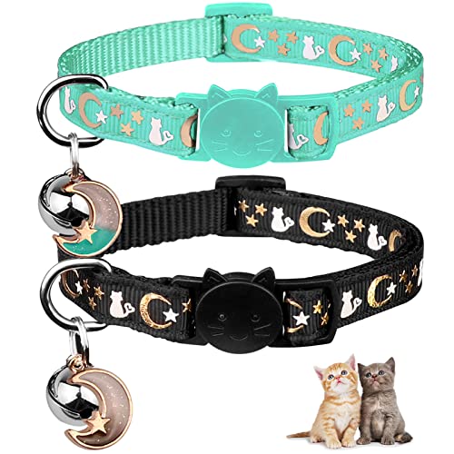 2PCS Breakaway Cat Collars with Bell Moons Stars Cute Kitty Adjustable Safe Kitten Collars with Pendant Glow in The Dark(Black&Teal) - 6.9-10.7 in - Black&Teal