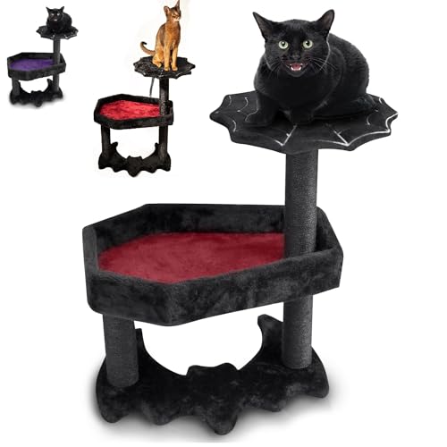 Gothic Cat Tree with Coffin Cat Bed & Spooky Cat Toys - Spooky cat Tree for Halloween cat (Small) Black and Red - Small - Black and Red