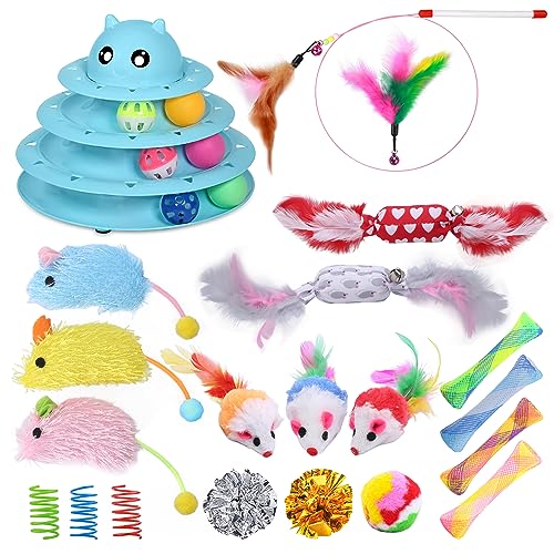 UPSKY 24 PCS Cat Toys, 3-Level Turntable Kitten Toys Set, Interactive Cat Roller Toys for Indoor Cats, Catnip Toys, Cat Teaser Toys, Mice Toys, Spring Toys, Various Ball Toys for Kitty. - D-24PCS-Blue