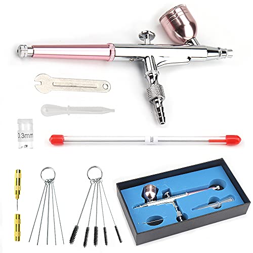 SI FANG Dual Action Airbrush Kit for Art Craft Hobby Model Tattoo Colour Painting Car, 0.3mm 0.4mm Nozzles 5cc with Cleaning Brush Set, Professional Gravity Feed Paint Spray Gun for Air Compressor
