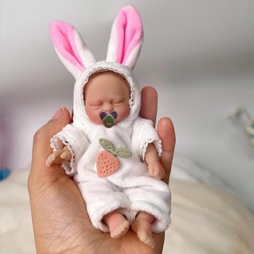 Mire & Mire Reborn Baby Dolls, 4.5" Girl Miniature Sleeping Full Silicone Mini Baby Dolls with Feeding Accessory Lifelike Soft -Bunny - 4.5 inch sleeping girl-1