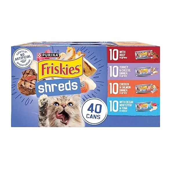 Purina Friskies Wet Cat Food Variety Pack, Shreds With Beef, Turkey and Cheese Dinner, Chicken and Salmon Dinner, and With Ocean Whitefish and Tuna - (Pack of 40) 5.5 oz. Cans