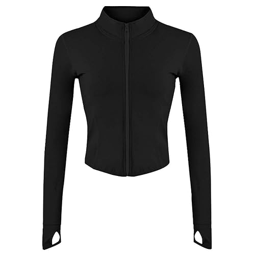Lviefent Womens Lightweight Full Zip Running Track Jacket Workout Slim Fit Yoga Sportwear with Thumb Holes - Medium - Black