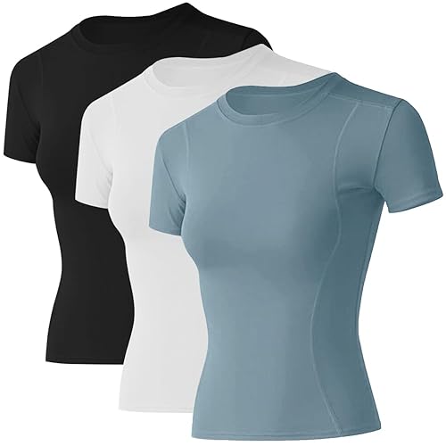 Loovoo Women Workout Shirts 1/2/3 Pack Athletic Compression Tee Dry Fit Yoga Gym Basic Tops - Small - D1_3 Pack_black&white&light-blue_short Sleeve