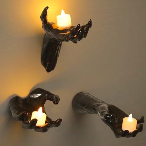 Halloween Decorations, 3 Pack Wall Mounted Creepy Reaching Hands, Life-Sized Horror Wall Hands for Gothic Wall Decor Outdoor/Indoor - B
