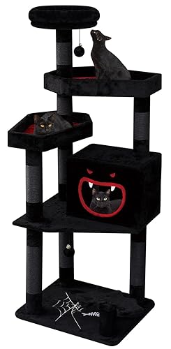 YARUOMY Gothic Kratzbaum groß, 158 cm hoch，XXL Katzenbaum，Kratzbaum Grosse Katzen Stabil mit 8 Kratzsäulen，2 Sargbett Plattformen，Höhle，Schwarzer，Halloween