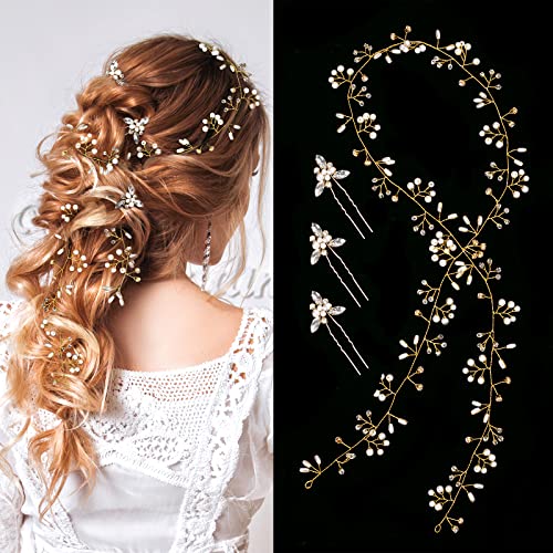 Nljihkure Bride Wedding Crystal Hair Vine Accessories Extra Long Pearl and Beads Bridal Headband Head Pieces for Women Girls (Gold) - Gold