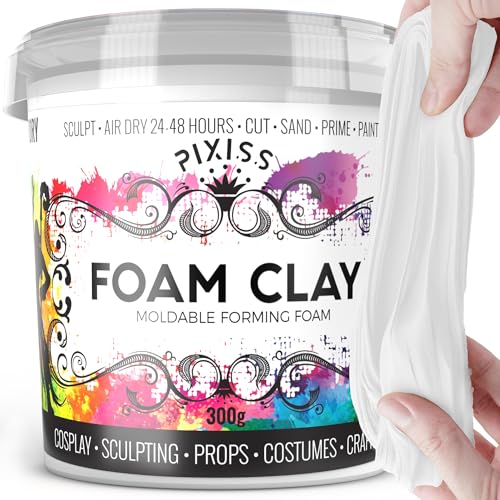Moldable Cosplay Foam Clay (White) by Pixiss (300 Gram) Cosplay Foam Clay - High Density and Perfect for Intricate Designs | Air Dry | Great for Cutting with Knife or Rotary Tool, Sanding or Shaping - 300g - White