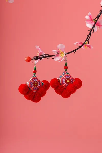 Red Pom Pom Earrings, Hmong Earrings, Artisan Earrings, Boho Earrings, Bohemian Earrings, Tribal Earrings, Thai Earrings - JE30-0RED