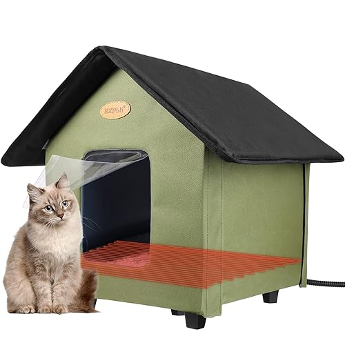 Heated Cat Houses for Outdoor Cats - Elevated Weatherproof Insulated Heated Outdoor Cat House for Winter - Feral Cat Shelter for Outside Cats - Outdoor Heated Cat House (Green) - Green