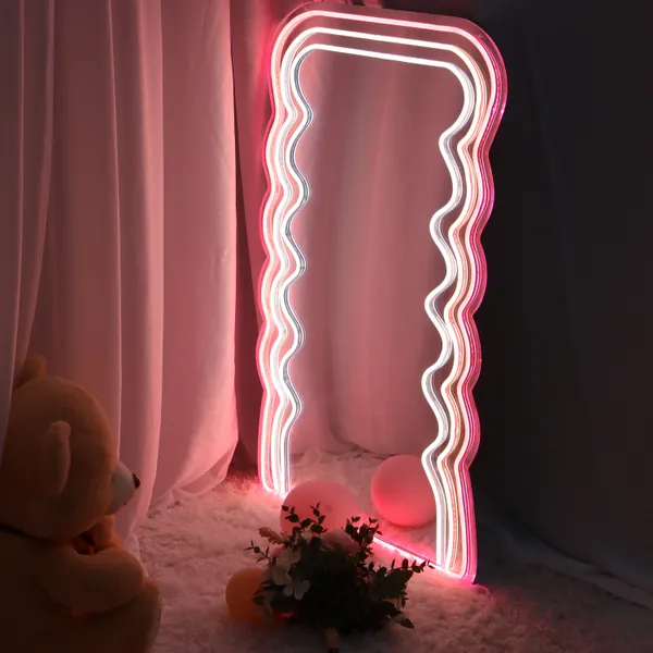 Neon Wavy Mirror Light, Neon Sign Bedroom Wall Decor, Glowing Mirror Led Neon Sign, Led Neon Sign, Retro Neon Mirror,Handmade Gift For Her