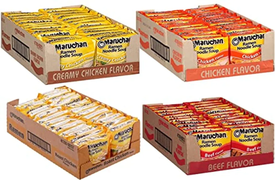 Maruchan Ramen Instant Soup Noodles Mix Variety 4 Flavor Packs 96 Count - 24 Creamy Chicken, 24 Beef, 24 Roast Chicken, 24 Chicken Pack Lunch/Dinner Variety