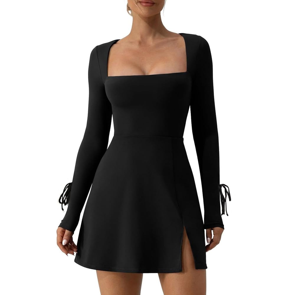 RPAEOY damklänningar bodycon mini flare långärmad tajt kort slits klänning stretch sexig klänning penna miniklänning kort klänning för klubb fest kväll - L