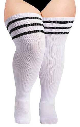 Moon Wood Plus Size Thigh High Socks for Thick Thighs- Womens Knit Cotton Extra Long Over the Knee High Socks Leg Warmer - One Size Plus - White & Black