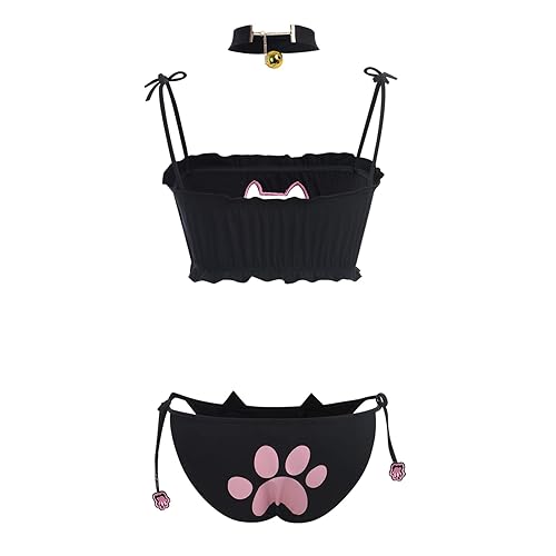 Womens Cute Kawaii Anime Cat Kitten Lingerie Set Micro Bikini Strappy Tiny Bra Mini Panty Extreme Swimsuit - One Size - Black-03