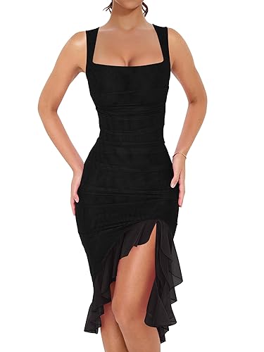 BORIFLORS Women's Sexy Ruched Bodycon Midi Dresses Square Neck Sleeveless Ruffle Hem Club Party Tank Dress - Medium - Black