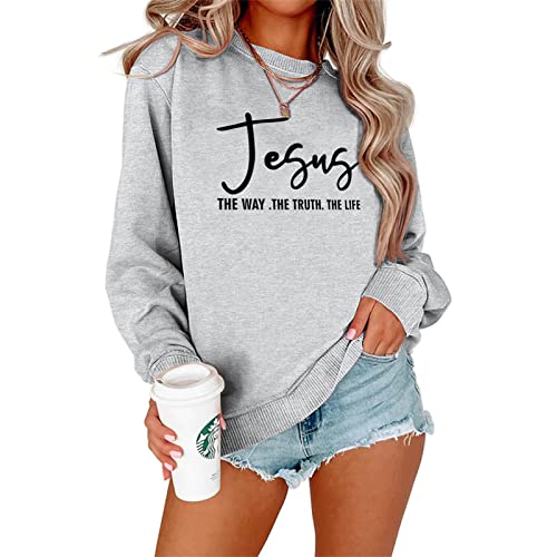 ALAPUSA Womens Plus Size Christian Shirts Jesus Graphic Long Sleeve Crewneck Pullover Sweatshirt - Medium - Gray
