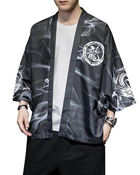 PRIJOUHE Men's Japanese Kimono Cardigan Jackets Casual Long Sleeve Open Front Coat Lightweight Yukata Outwear