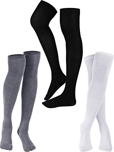 SATINIOR 3 Pairs Knee High Socks Thigh High Socks Triple Stripe over the Knee Socks Long Opaque Thigh High Stockings - One Size - Black, White, Gray