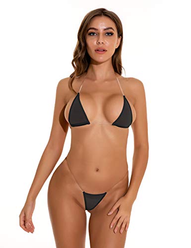Oneheekini Women Sexy See Through Mini Micro Bra Sheer Bikini G String Bottom Set…… - Black