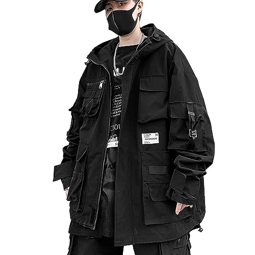 XYXIONGMAO Veste coupe-vent à capuche style gothique Cyberpunk Techwear avec fermeture éclair pour homme - L - Noir