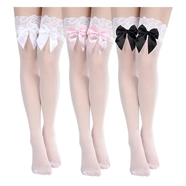 
                            3 Pairs Women's Bow Lace Thigh High Stockings Fun Transparent Over Knee Tube Stock with Bow Accent for Daily Costume Dress Valentine's Day
                        