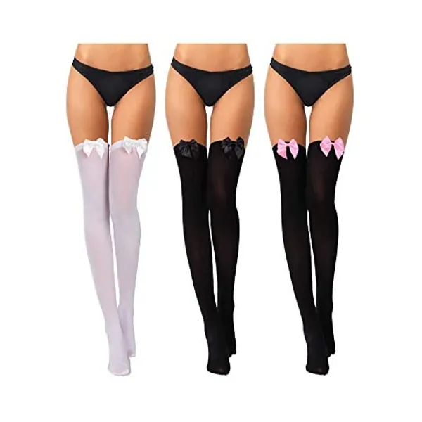 
                            Boao 3 Pairs Valentine's Day Women Bow Lace Thigh High Stockings Valentine's Day Over The Knee Socks for Dress Daily Favors
                        