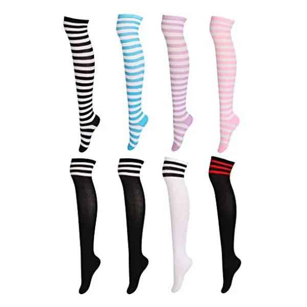
                            FIBO STEEL 6-9 Pairs Long Thigh High Socks for Women Striped Knee High Leg Warmers
                        