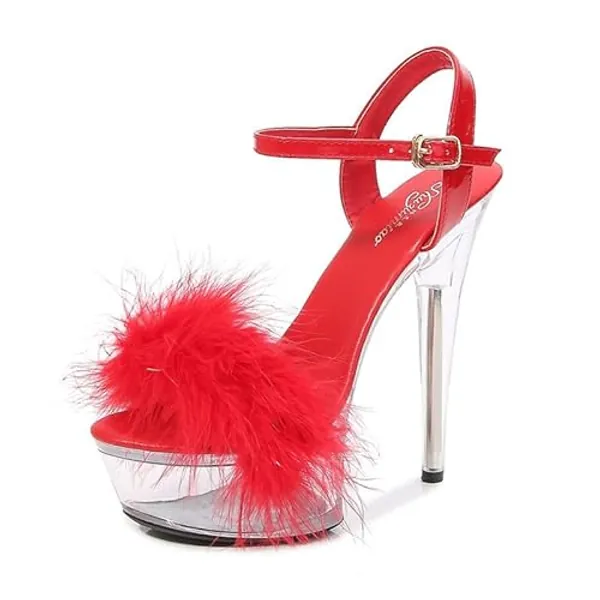 Ankle Strap Clear Platform Furry Sandals Heels Stiletto