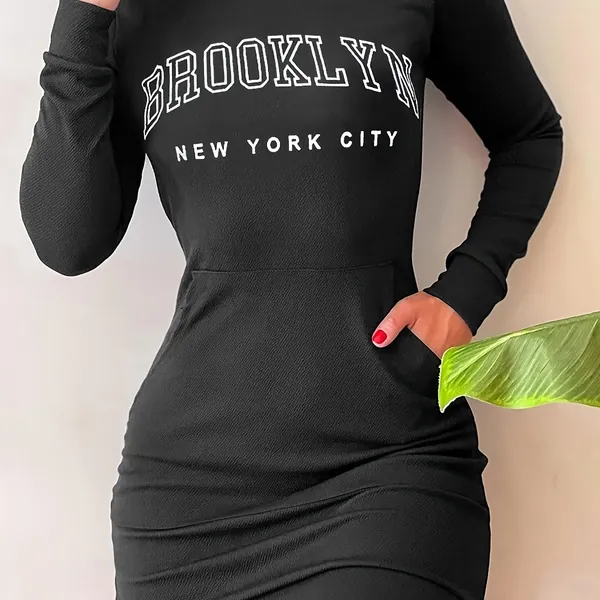 Letter Print Kangaroo Pocket Hooded Dress, Casual Long Sleeve Slim Bodycon Mini Dress For Spring &amp; Fall, Women's Clothing