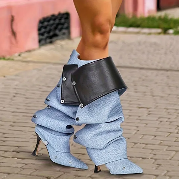 Stiletto Boots for Women Slouchy Boots Black Knee High Boots Pointed Toe High Heels Detachable Snap-off Zipper Rear Party Dress Jean Fold Boots