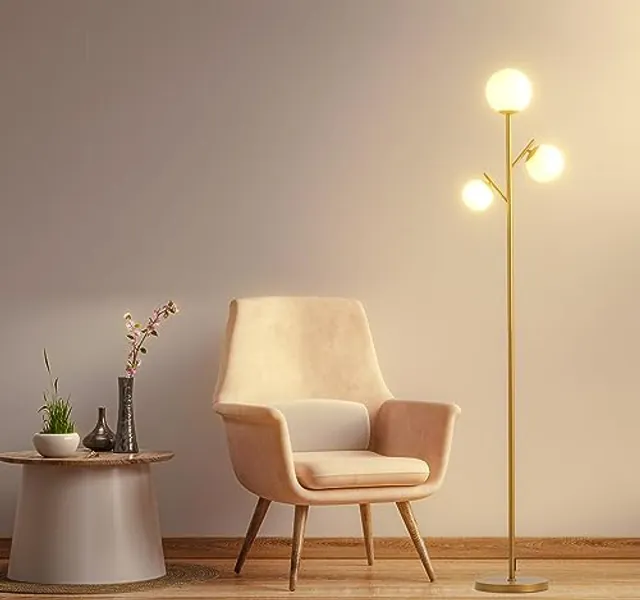 Fiqevs 3 Globe Gold Mid Century Floor Lamp, Modern Floor Lamp with Frosted Glass Shade & 3pcs Warm White LED Bulbs, Contemporary Tall Standing Lamp for Living Room, Bedroom - Antique Brass