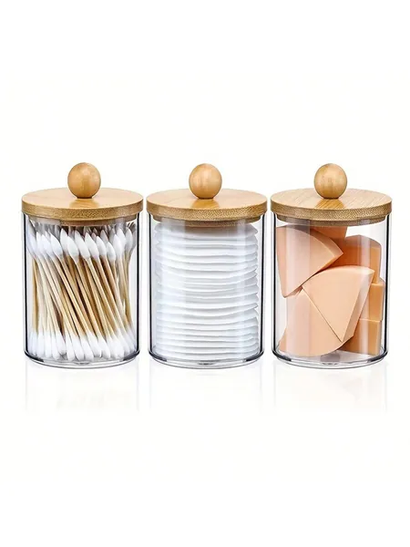 Clear Apothecary Qtip Storage Jar With Bamboo Lids, 1pc Vanity Makeup Organizer Storage Containers For Swab, Ball, Pads, Floss, Bathroom Accessories Set,Room,Home,Bedroom,Bathroom,House,Pink Room,Living Room Decor,Travel Stuff,Gift Bag,Gifts For Mom,Dad,Men,Friends,Teacher,Birthday,Wedding,Desk,Shelves,Accessaries,Gift Boxes,Funny Gift,Storage