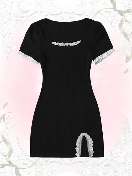 ROMWE Kawaii Contrast Lace Ribbed Split Bodycon Dress